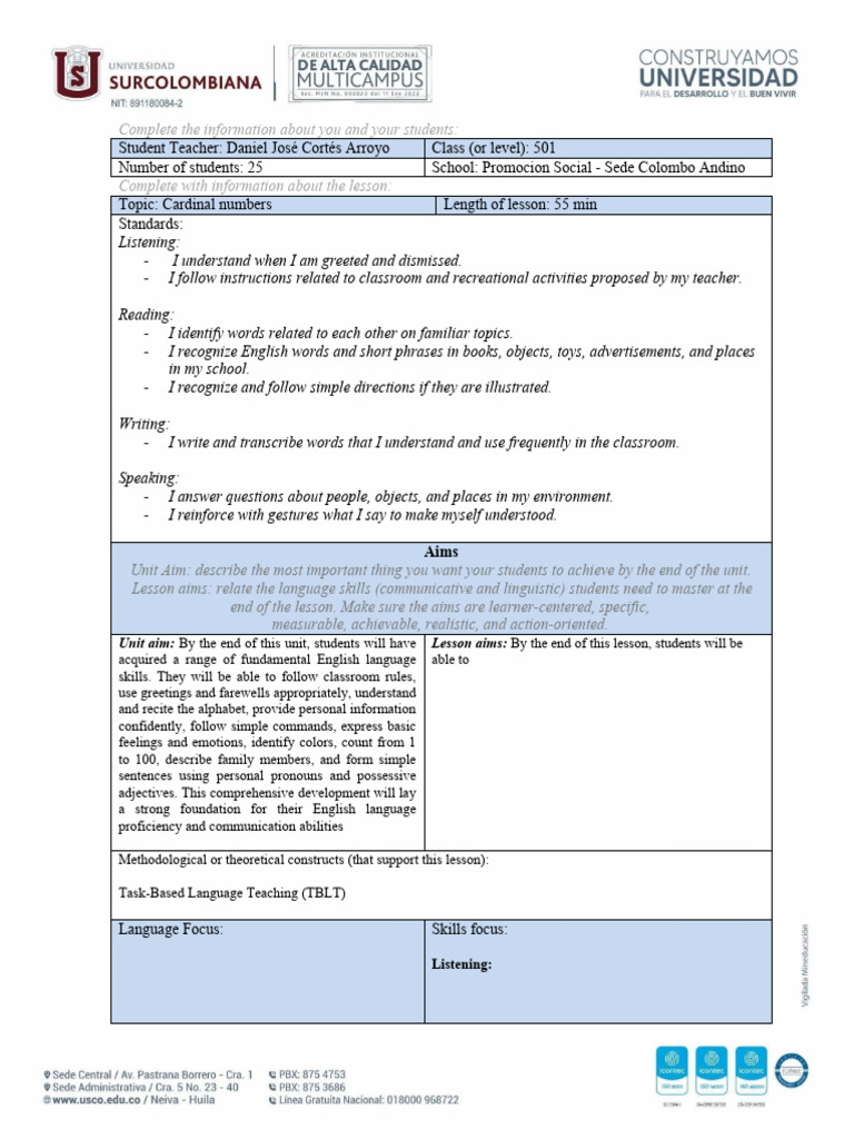 Lesson Plan: Teaching Cardinal Numbers | PDF | Teachers | English Language