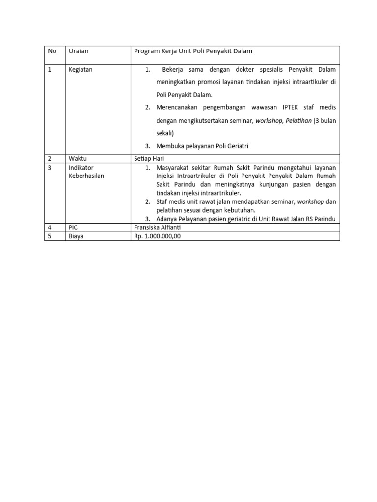 Program Kerja Poli Penyakit Dalam RS Parindu | PDF