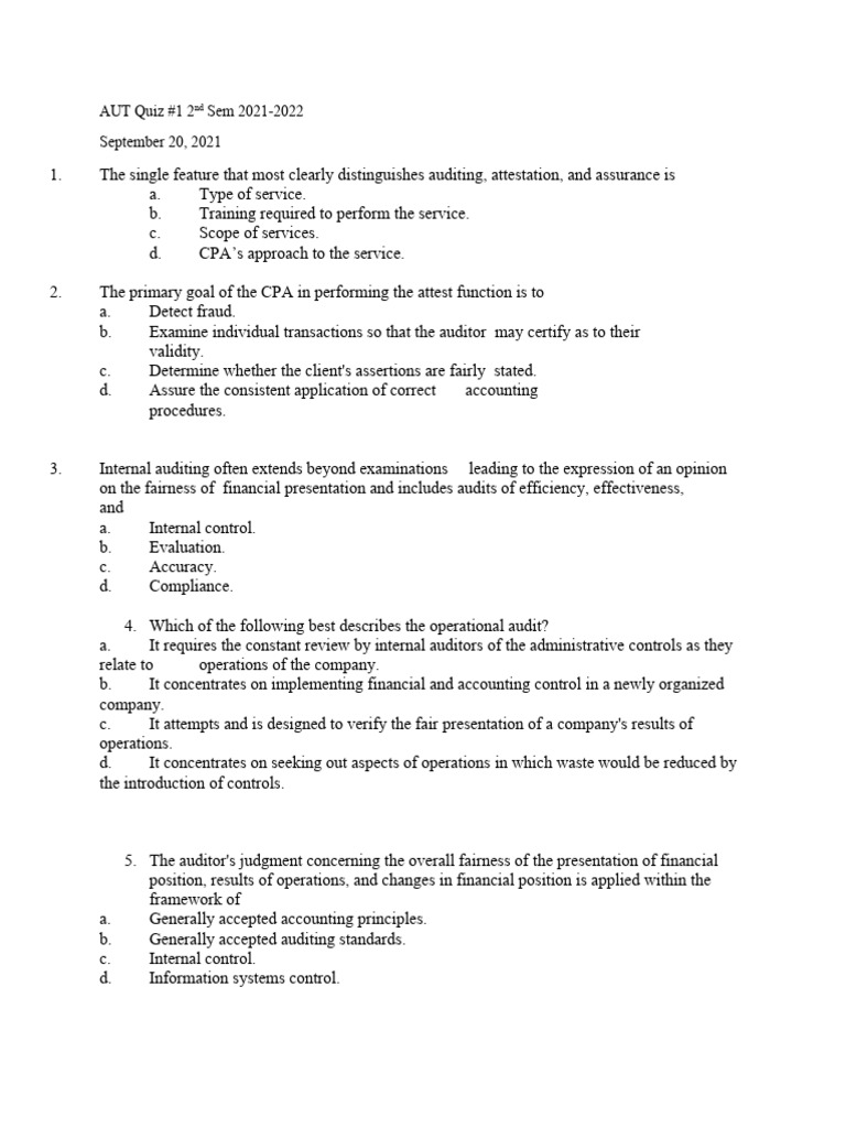AUT Auditing Quiz 2021-2022 | PDF | Audit | Auditor's Report