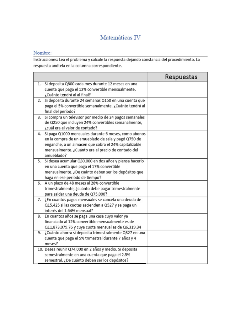 Examen Final Mate IV | PDF | Finanzas y dinero