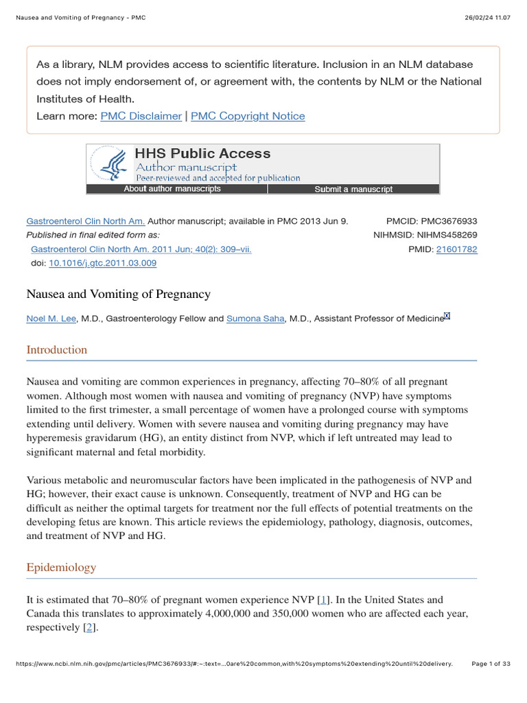 Nausea and Vomiting of Pregnancy - PMC | PDF | Pregnancy | Mammalian ...