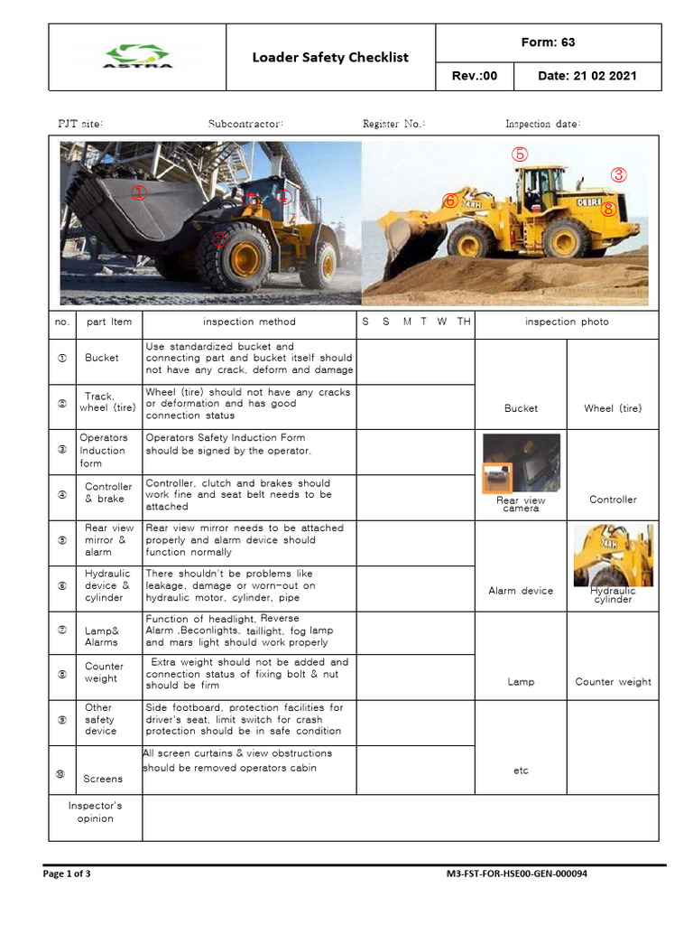 Loader Safety Inspection Checklist | PDF | Loader (Equipment) | Transport