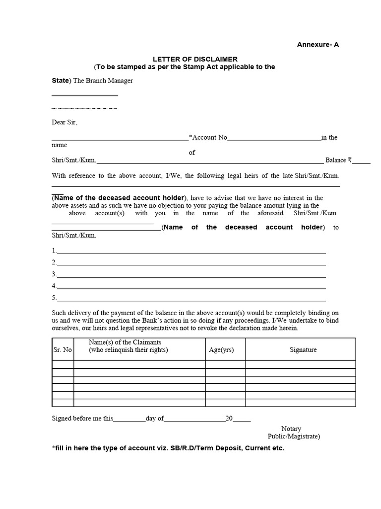 Legal Heirs' Disclaimer and Indemnity Form | PDF | Justice | Crime ...