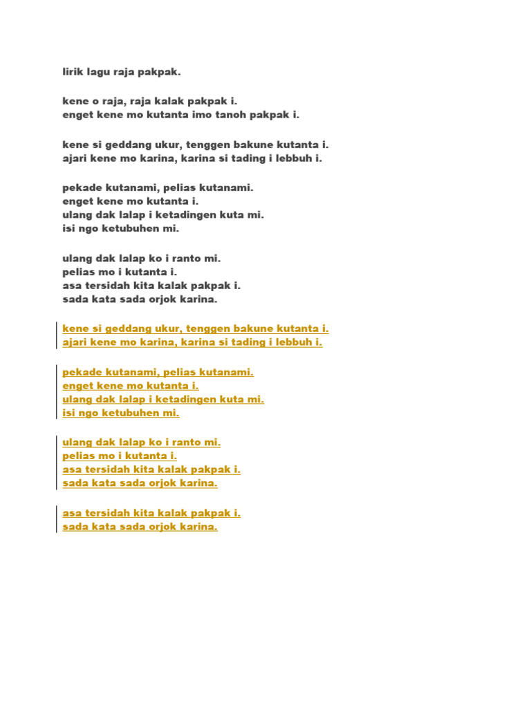 Lirik Lagu Raja Pakpak | PDF