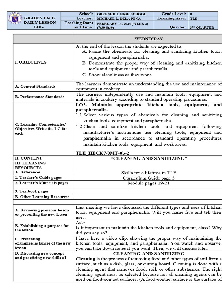 LO2. Maintain Appropriate Kitchen Tools, Equipment, and Paraphernalia