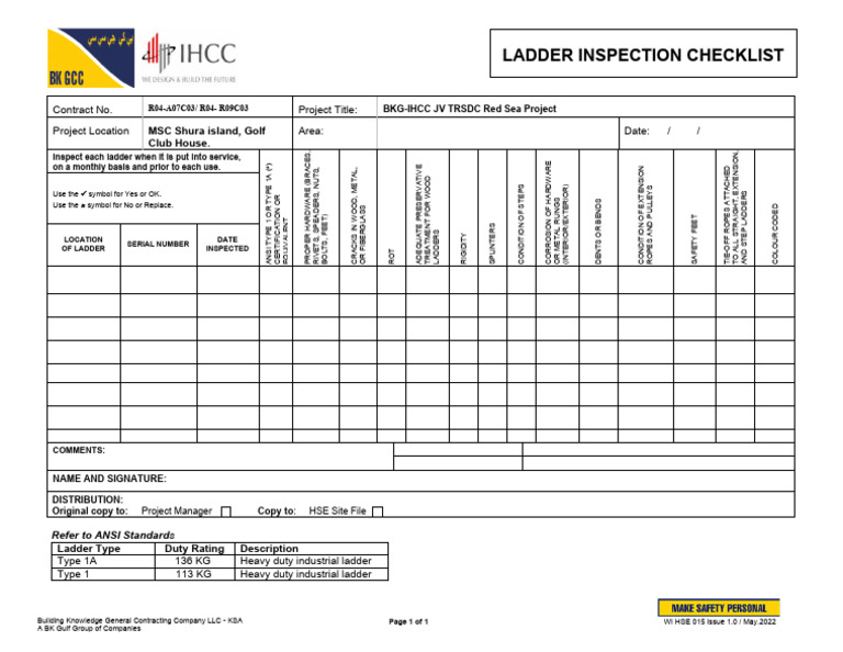 Ladder Inspection Checklist for Safety | PDF | Ladder