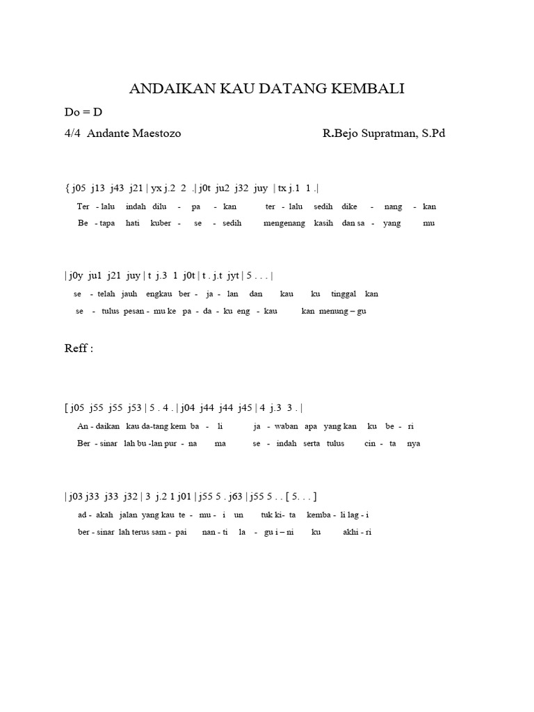 Notasi Lagu Andai Kau Datang Kembali | PDF