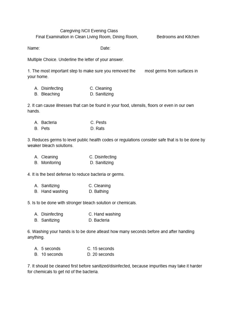 Caregiving Exam: Clean Living Practices | PDF | Disinfectant | Bleach