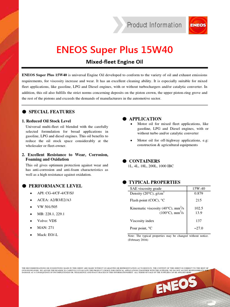 Eneos Super Plus 15W40 PDS Download Free PDF Motor Oil Mechanical 