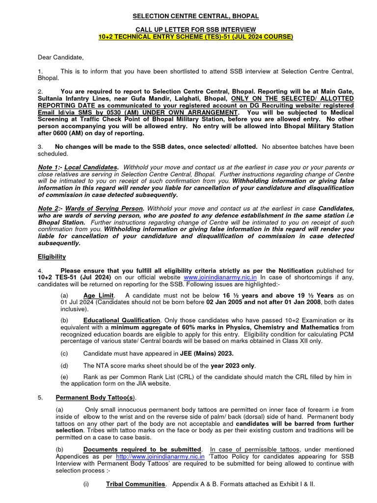 Call Up Letter SCC Bhopal For Tes 51 Course | PDF | Identity Document