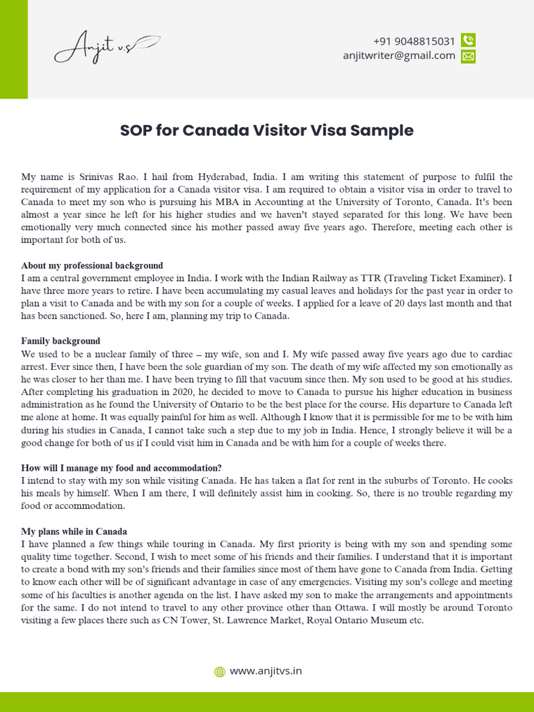 Canada Visitor Visa SOP Sample | PDF | Travel Visa