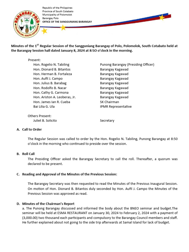 Minutes of First Regular Session January Eighttwenty Twenty Four | PDF ...