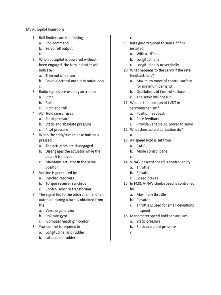 Autopilot Questions PDF Flight Control Surfaces Servomechanism