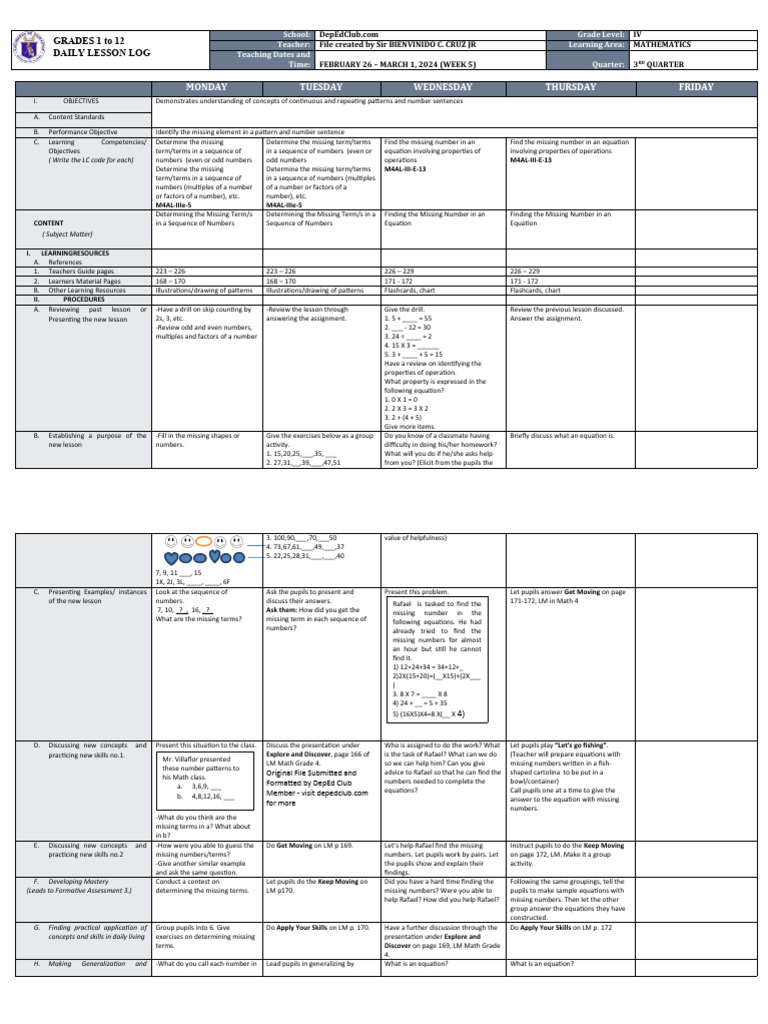 Grade 4 Math Lesson Plan: Patterns & Equations | PDF | Numbers ...