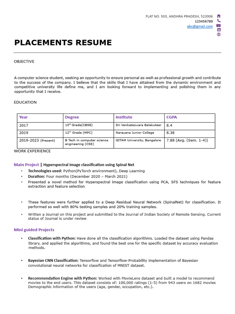 CS Student's Placement Resume | PDF | Machine Learning | Analytics