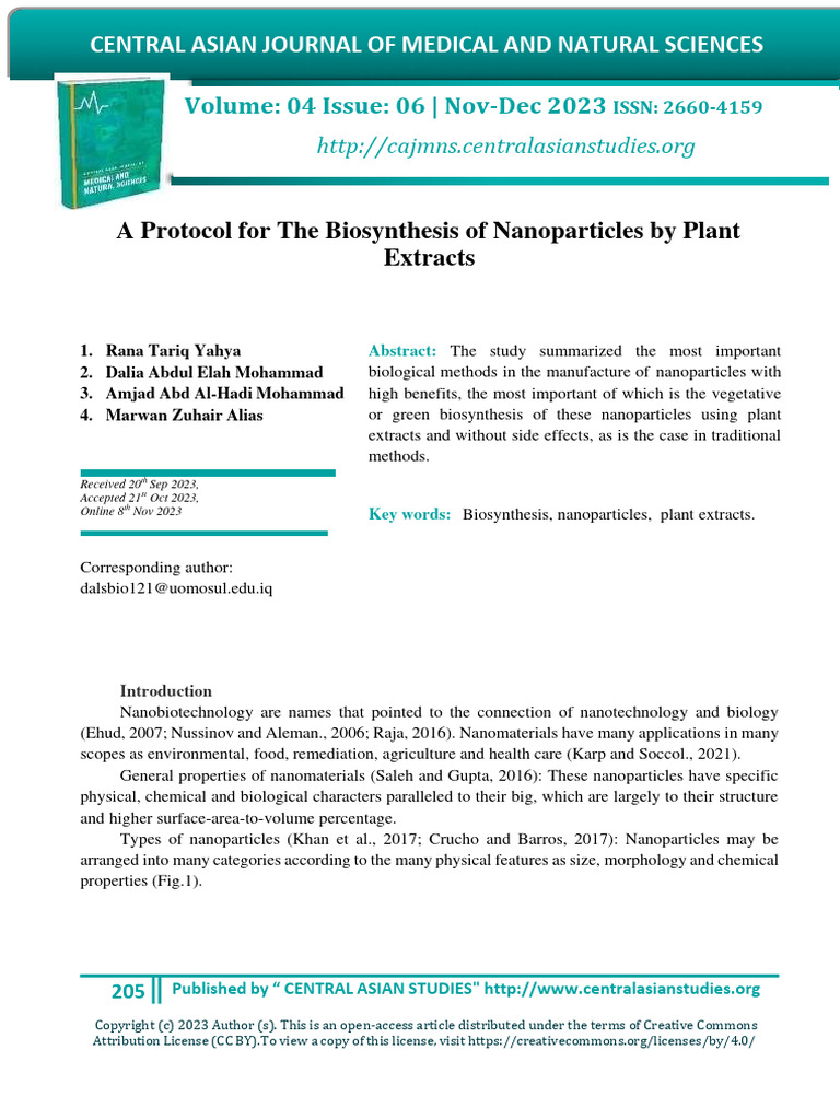 A Protocol For The Biosynthesis of Nanoparticles by Plant Extracts ...