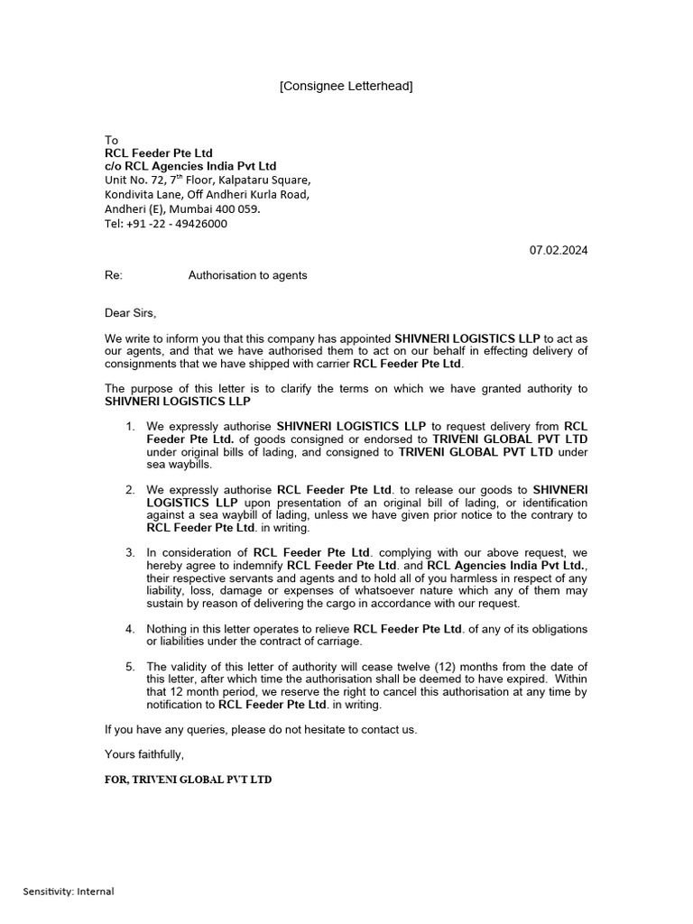 RCL CHA Authorization Letter 24.08 | PDF