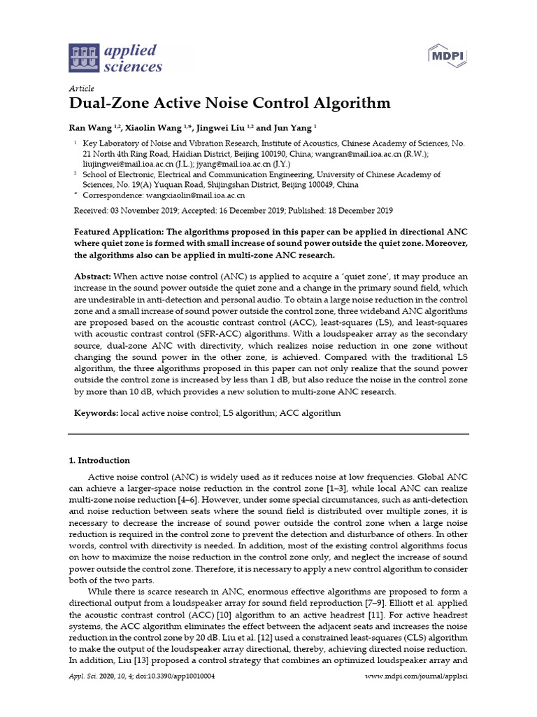 Dual-Zone Active Noise Control Algorithms | PDF | Eigenvalues And ...