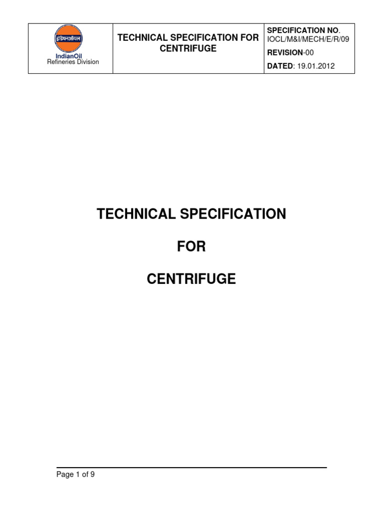 Technical Specification For Centrifuge - 1700197288 | PDF