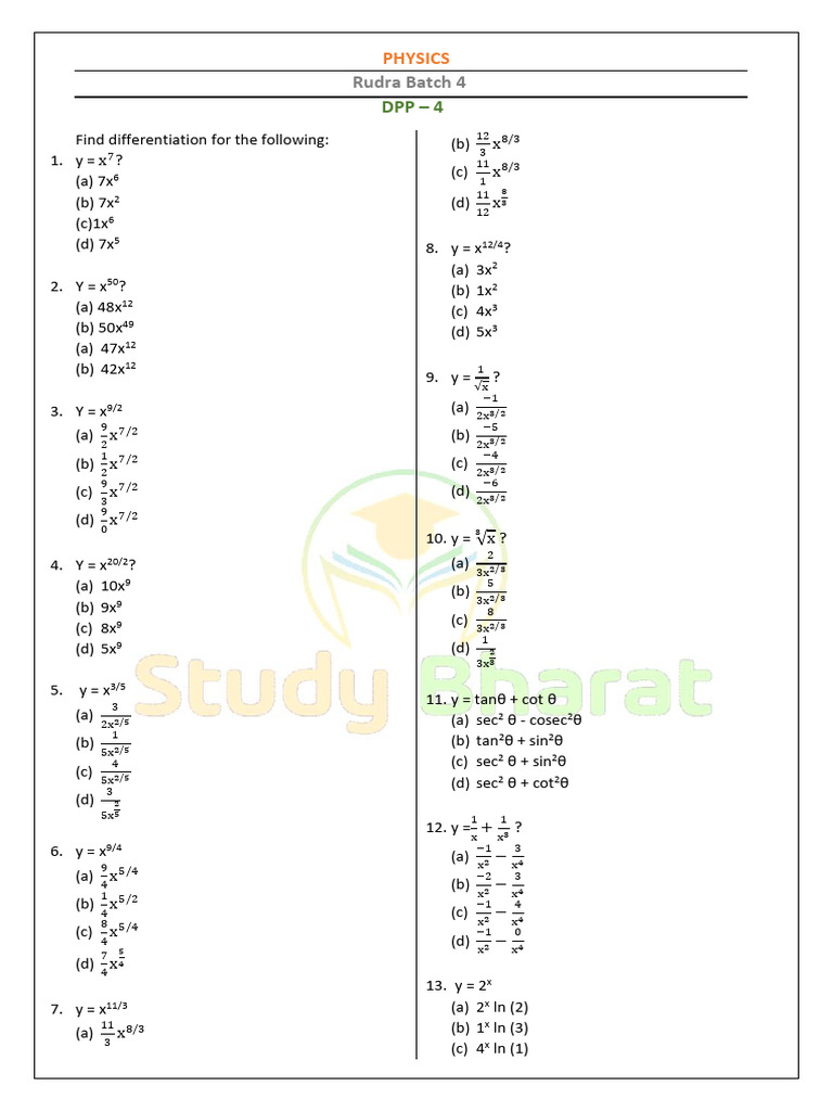 Differentiation Practice Problems | PDF | Elementary Mathematics ...