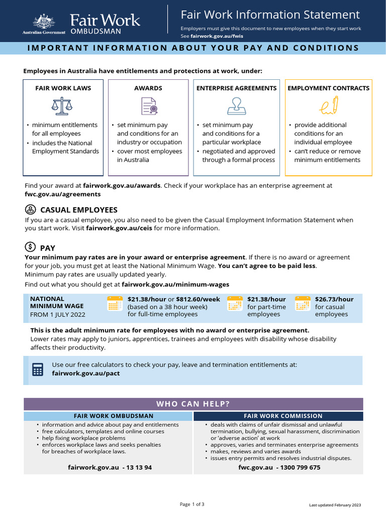 Fair Work Information Statement 2023 | PDF | Employment | Minimum Wage