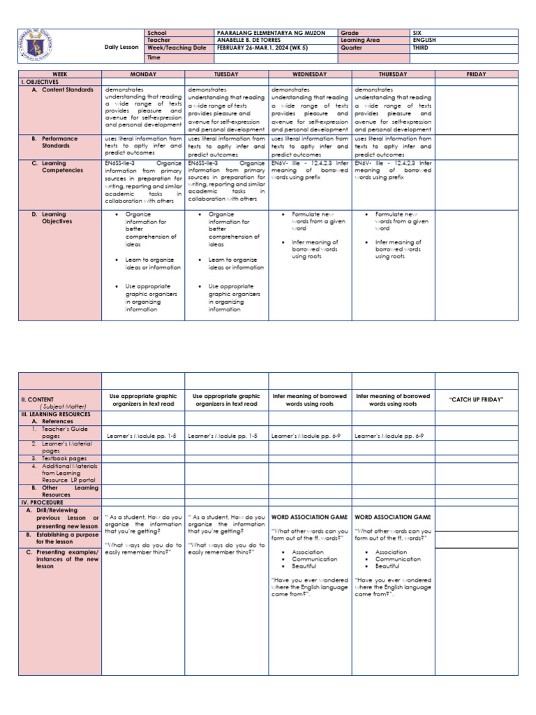 Grade 6 English Lesson Plan: Week 5 | PDF | Reading Comprehension ...