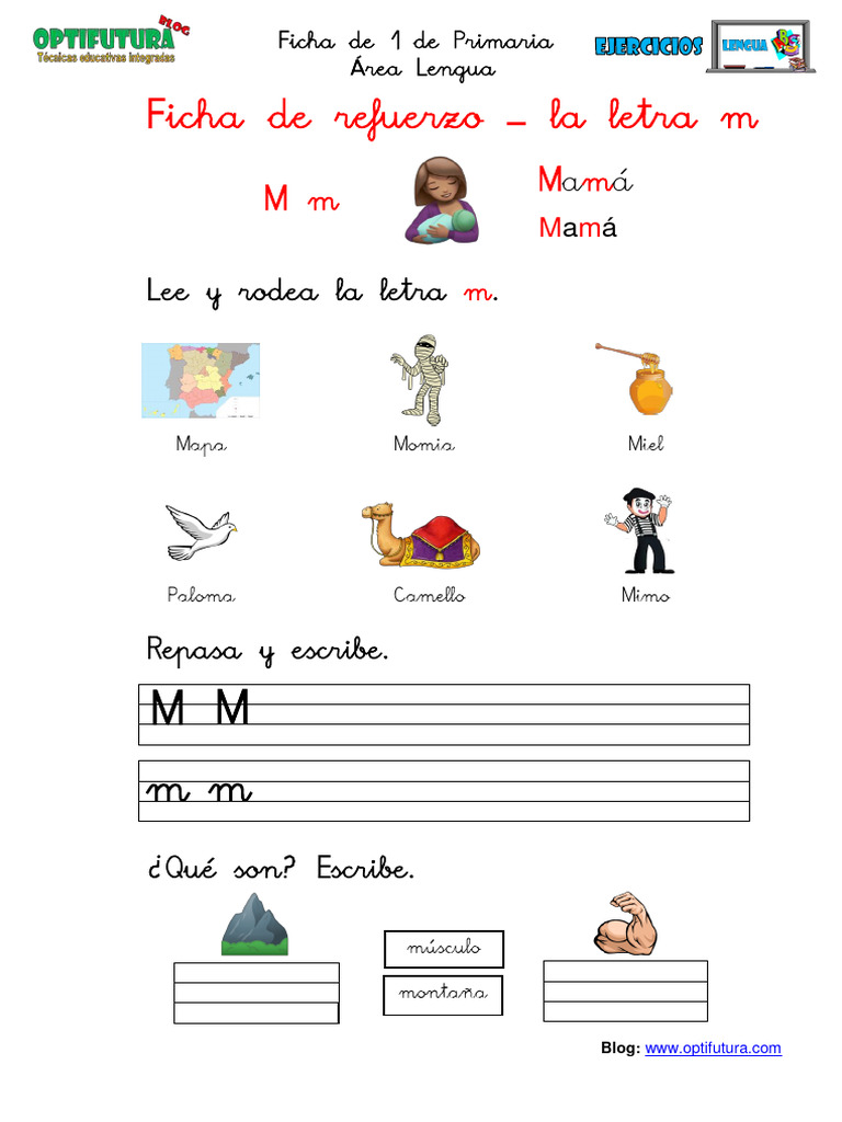 Ficha de refuerzo: letra M primaria | PDF