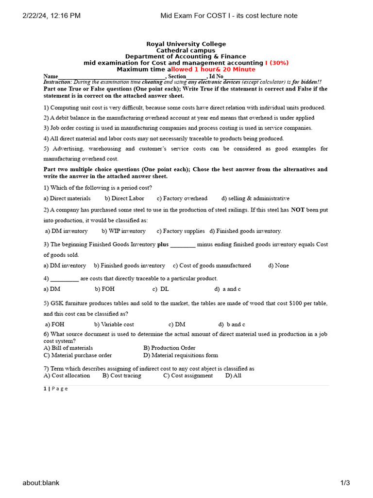 Cost Accounting I Mid Exam Guide | PDF | Inventory | Cost