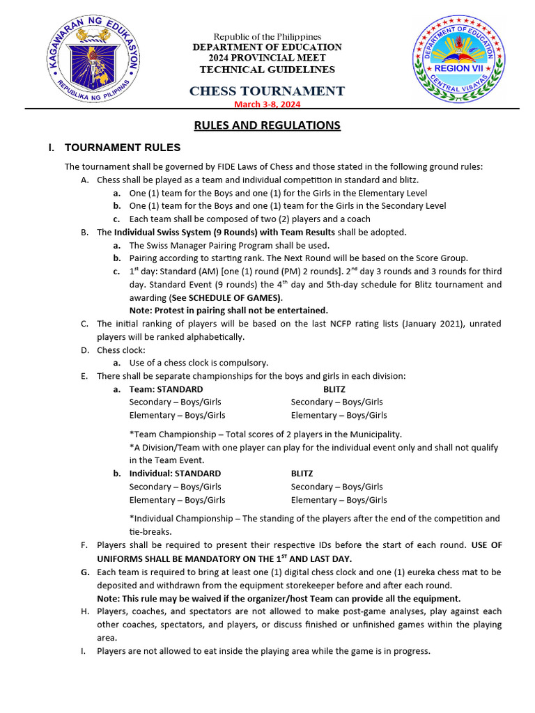 2024 Provincial Chess Tournament Rules | PDF | Chess | Traditional ...