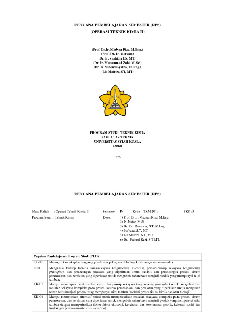 RPS Operasi Teknik Kimia II 2023 | PDF