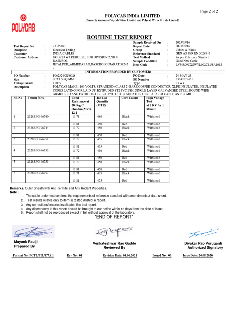 Polycab FRLS Cable Test Report 73355480 | PDF | Wire | Equipment