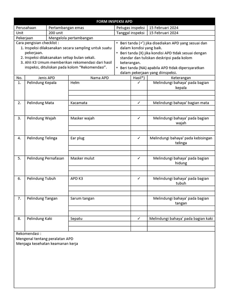 Form Inspeksi APD untuk Pertambangan | PDF | Teknologi & Rekayasa