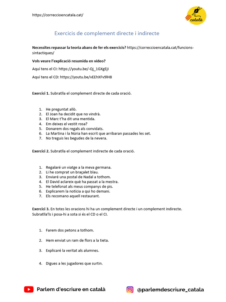 Exercicis de Complement Directe I Indirecte | PDF