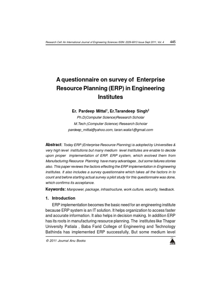 A Questionnaire On Survey of Enterprise Resource Planning (ERP) in ...