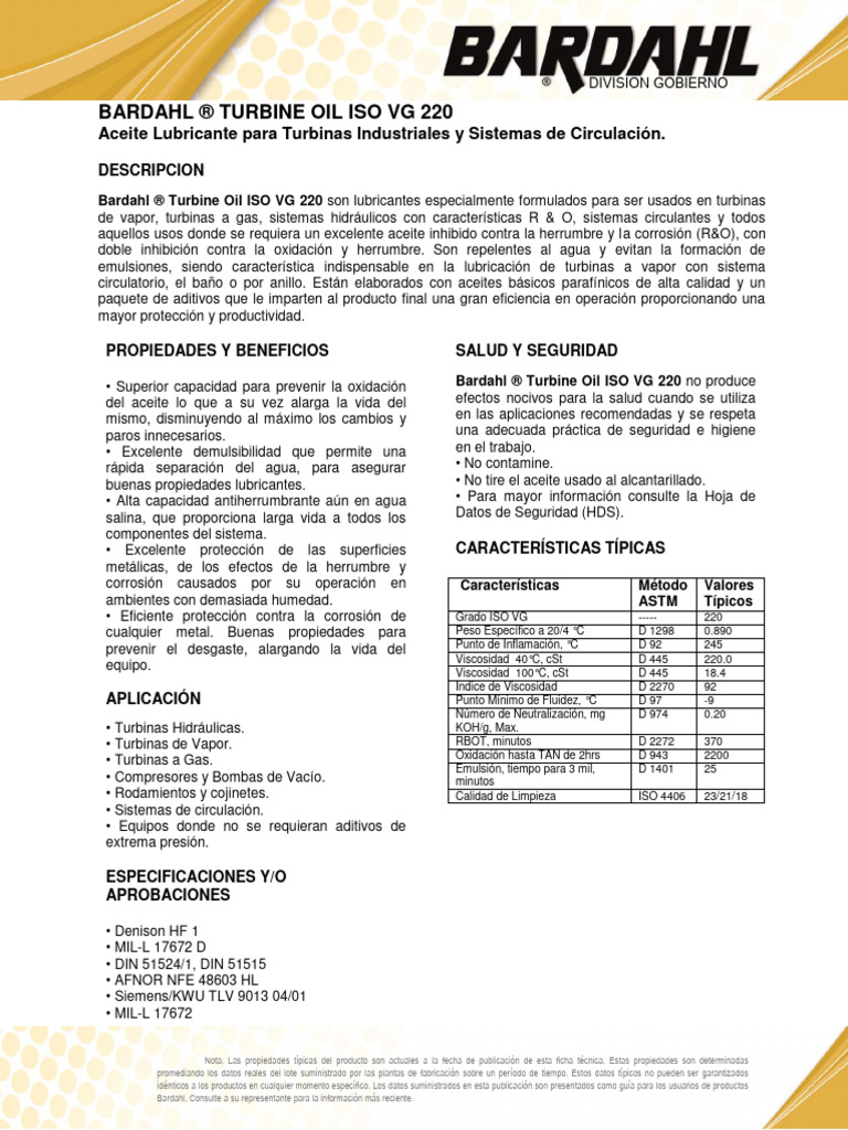 Bardahl Turbine Oil Iso Vg 220 PDF Agua Lubricante
