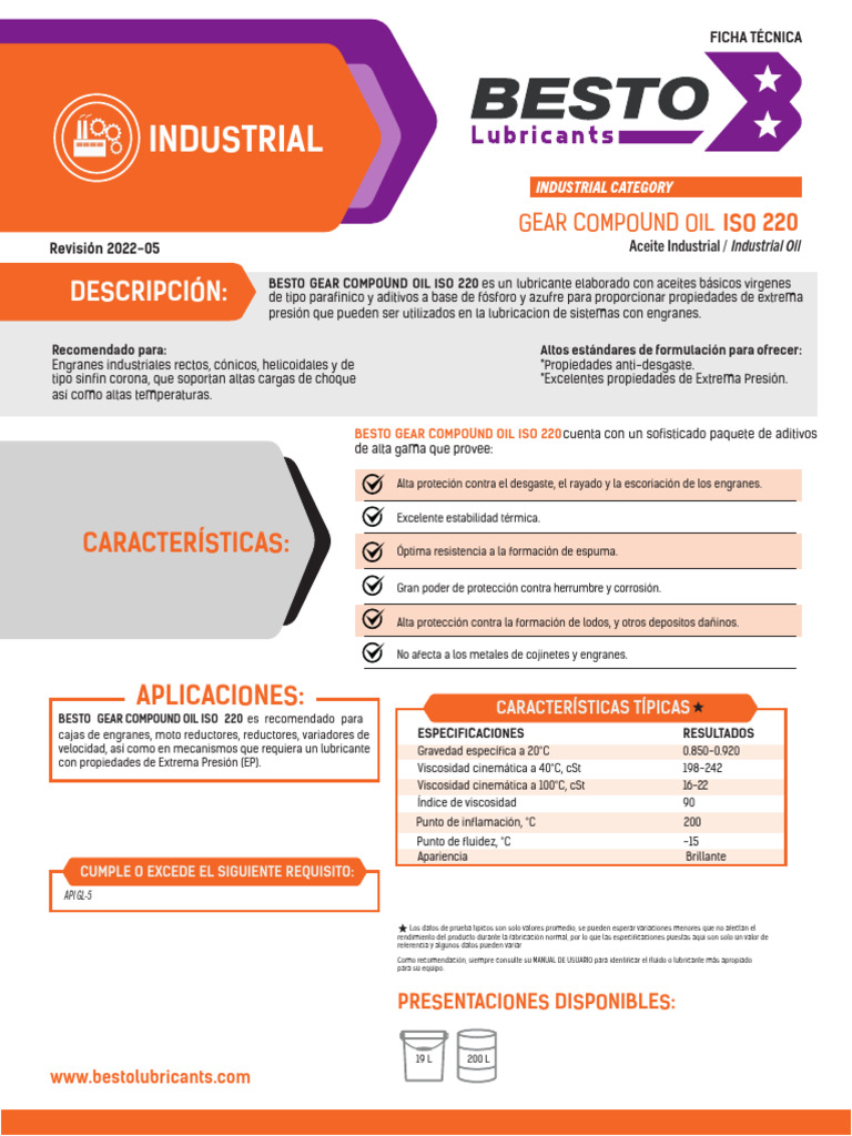 Aceite Besto Gear ISO 220 para Engranes | PDF | Lubricante | Sustancias ...