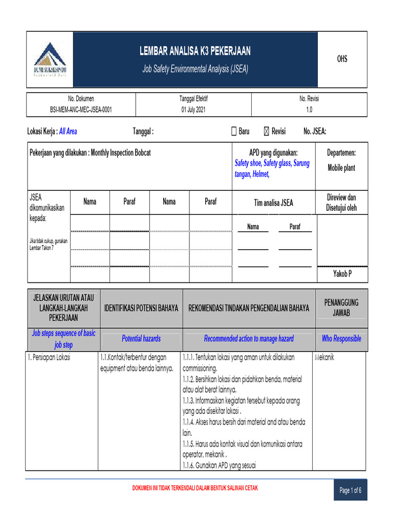 BSI-MEM-ANC-MEC-JSEA-0008 - Monthly Inspection Forklift Bobcat | PDF