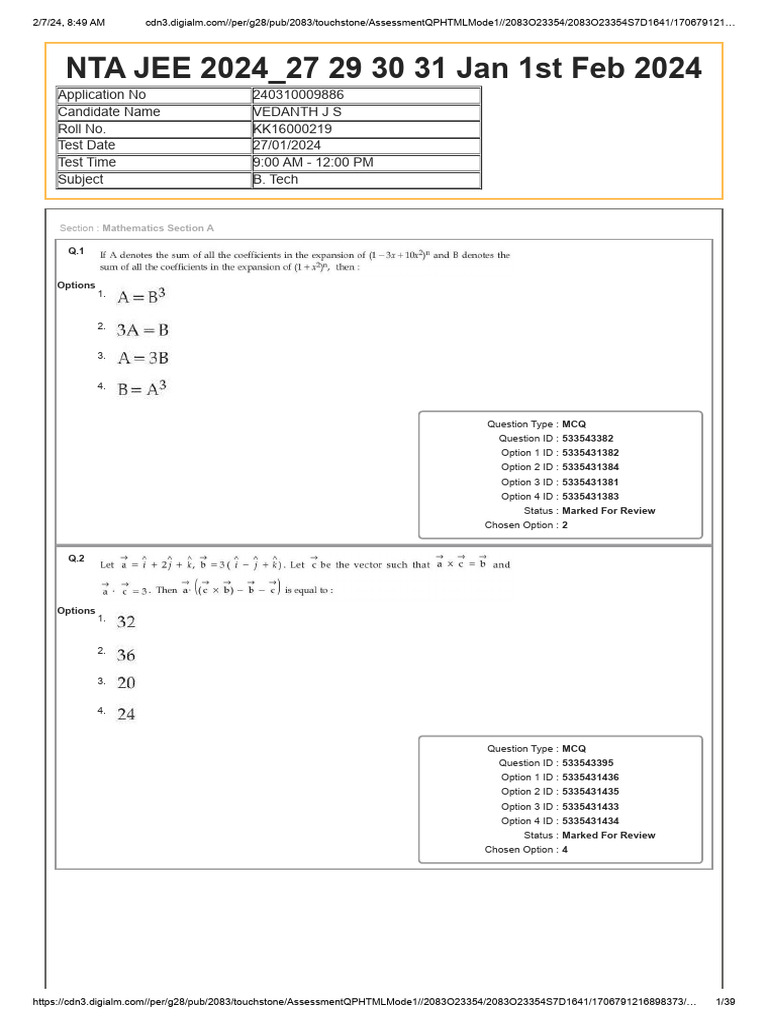 NTA JEE 2024 Mathematics Assessment | PDF | Multiple Choice | Science