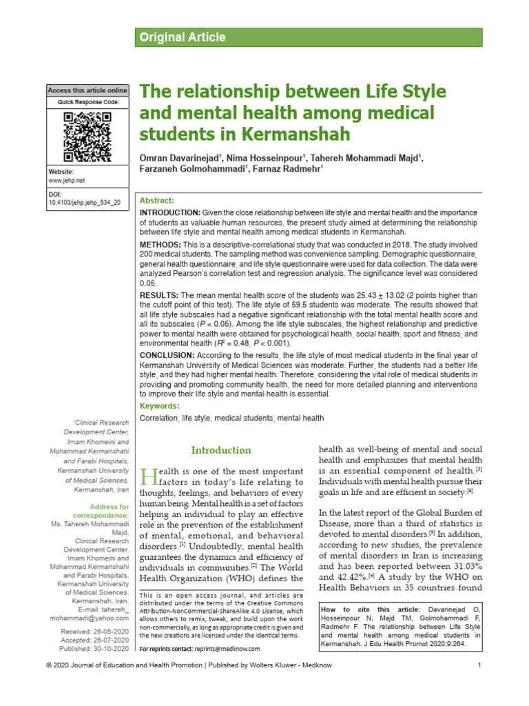 The Relationship Between Life Style and Mental Health Among Medical ...