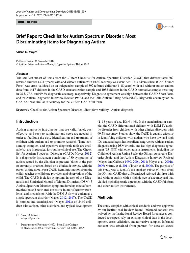 BRIEF Report - Checklist Autismo - Itens Discriminantes | PDF | Autism ...