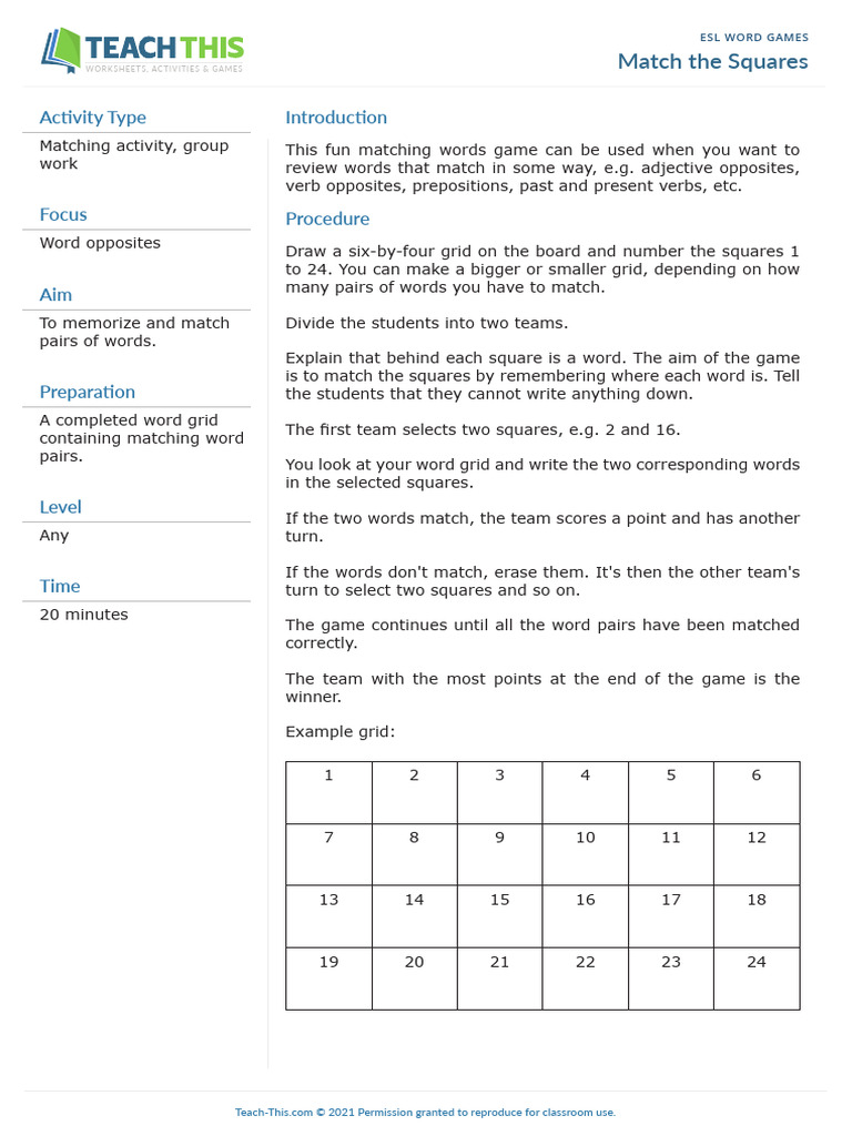 Esl Game For Match-The-Squares | PDF