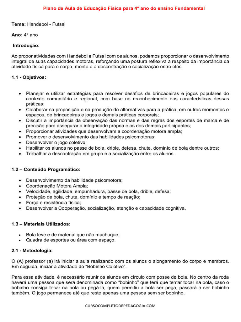 Plano de Aula de Educacao Fisica para 4° Ano Do Ensino Fundamental | PDF