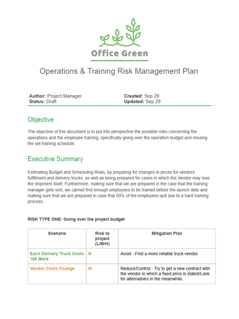 Operations Training Risk Management Plan | PDF | Risk | Risk Management