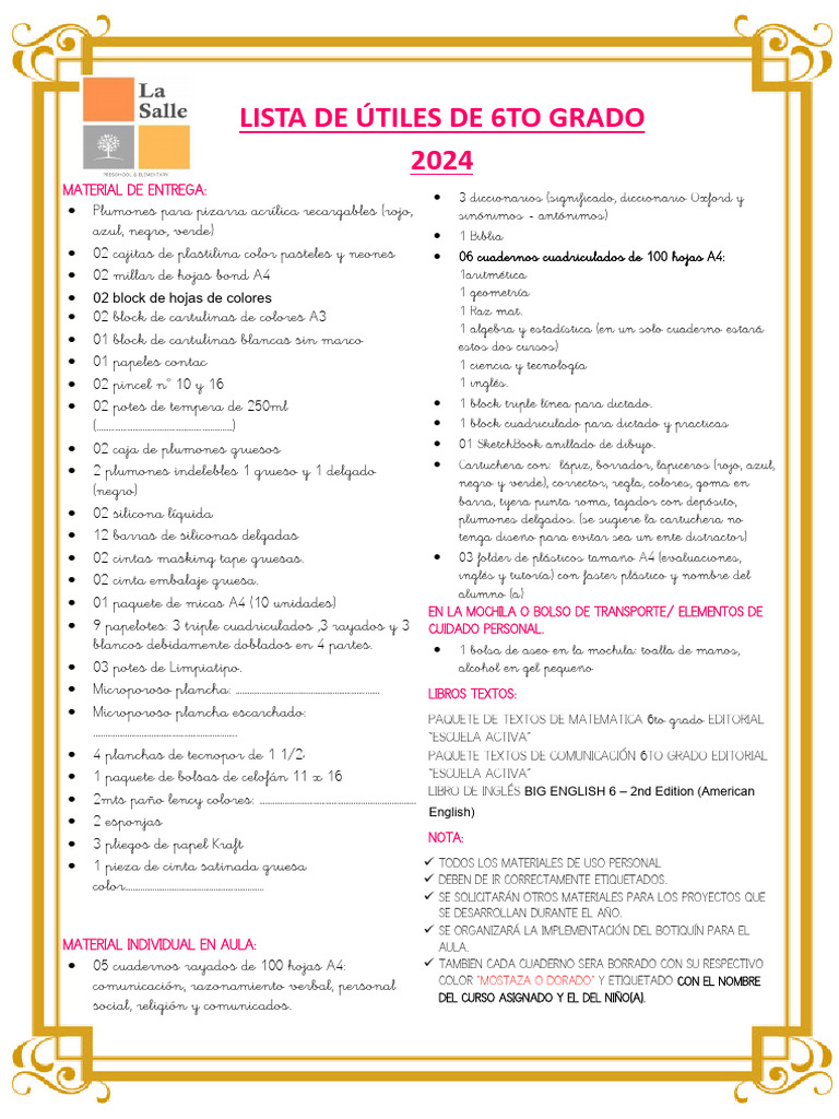 Lista de útiles 6to grado 2024 | PDF | Materiales