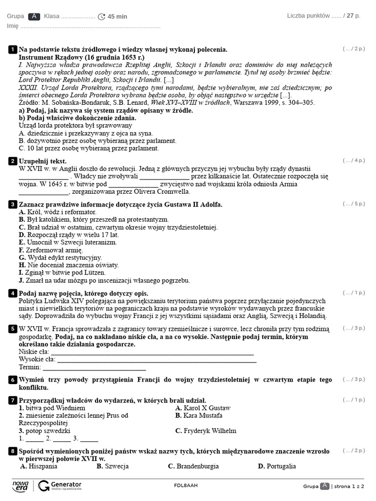 Historia Klasa 5 Rozdział 1 Rozdzia III. Test 5 Test Z Widoczna Punktacja | PDF