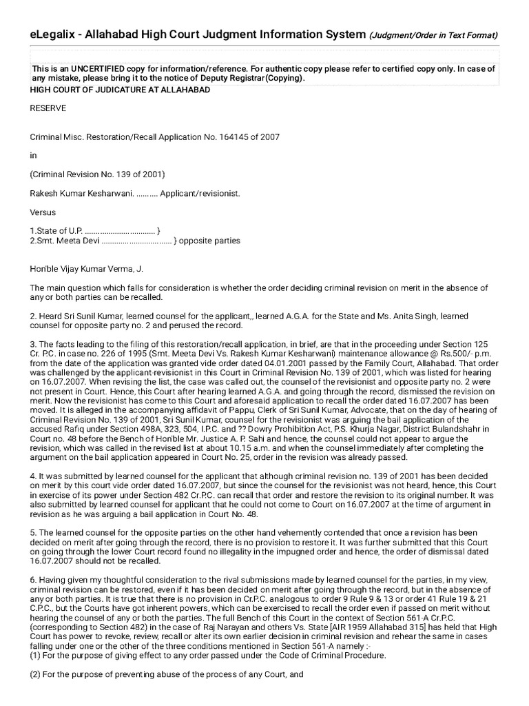 JUDGMENT - ORDER IN - CRIMINAL REVISION No. 139 of 2001 at Allahab | PDF