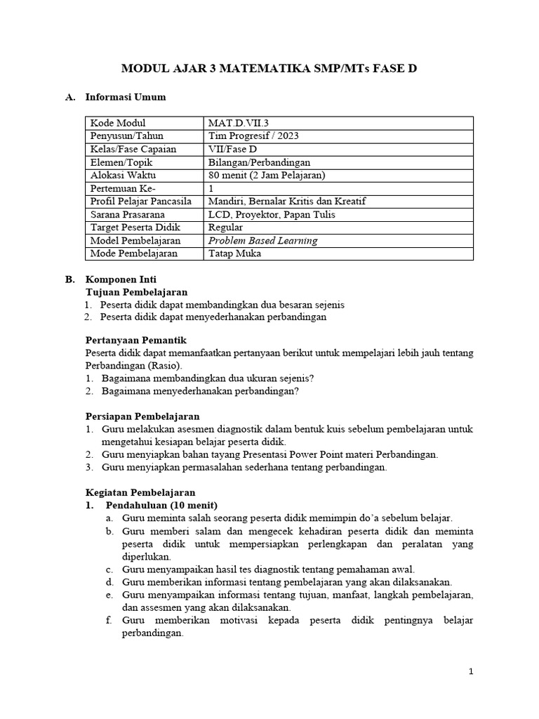 Modul Ajar Matematika SMP Kelas Vii Bab 3 | PDF | Karier & Perkembangan ...