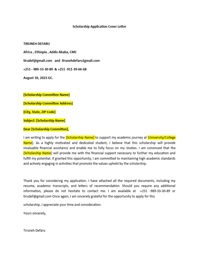 Scholarship Application Cover Letter