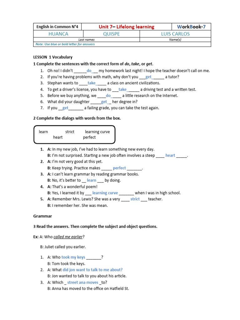 English in Common 4 Workbook 7-1 | PDF | Classroom