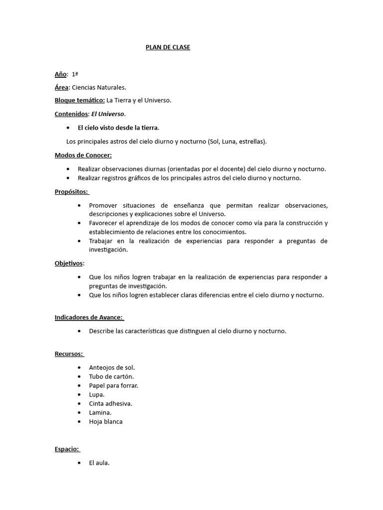Plan de Clase Didactica y Curriculum Final | PDF | Enseñando | Cielo